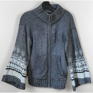 Old Navy Sweater M Wool Blend Gray Zip Bell Sleeve Vtg Y2K Fair Isle cabin cozy